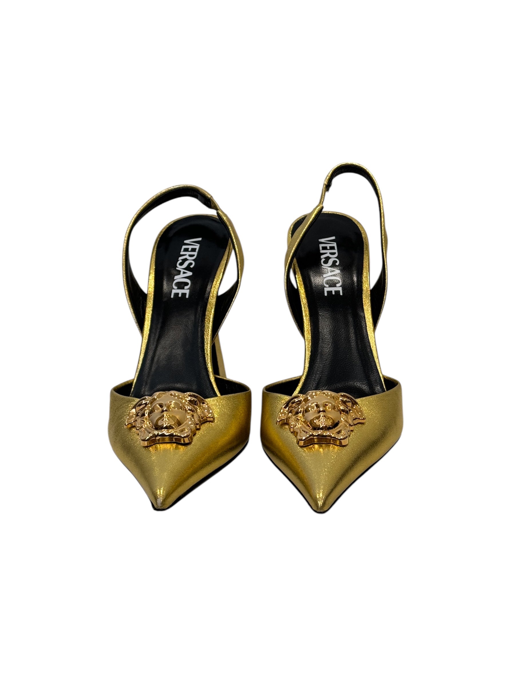 GOLD FOIL LEATHER MEDUSA POINTED TOE SLINGBACK | 38.5