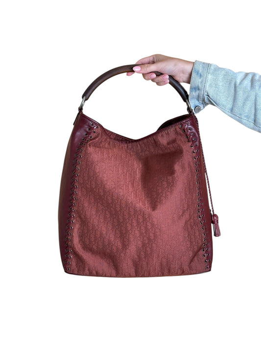 Diorissimo Nylon and Leather Grommet Heart Charm Ethnic Hobo Bag