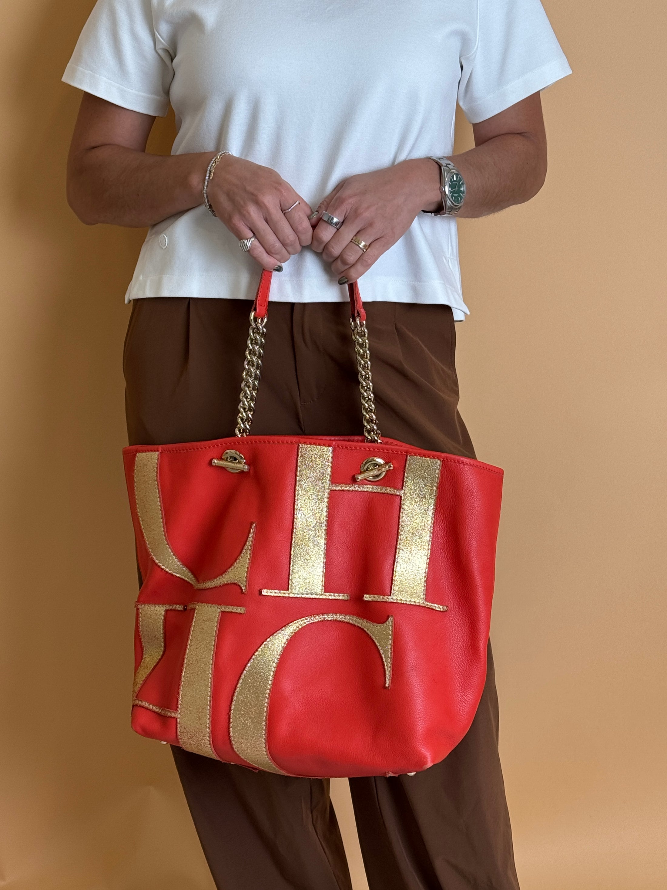 Orange Leather Logo Tote