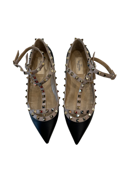 Rockstud Black Caged Leather Flats |37.5