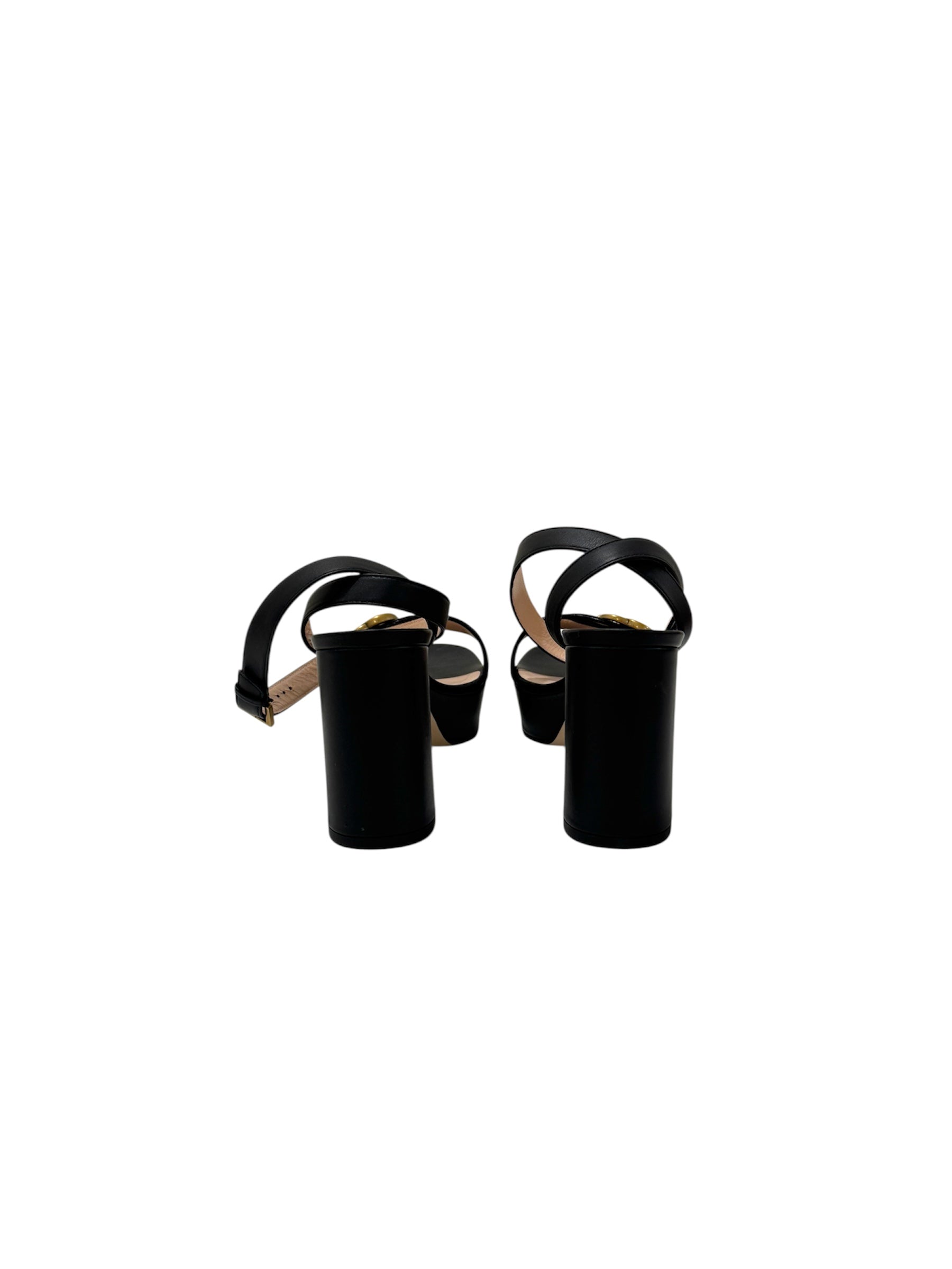Black Leather GG Marmont Platform Ankle-Strap Block Heel Sandals | 38.5