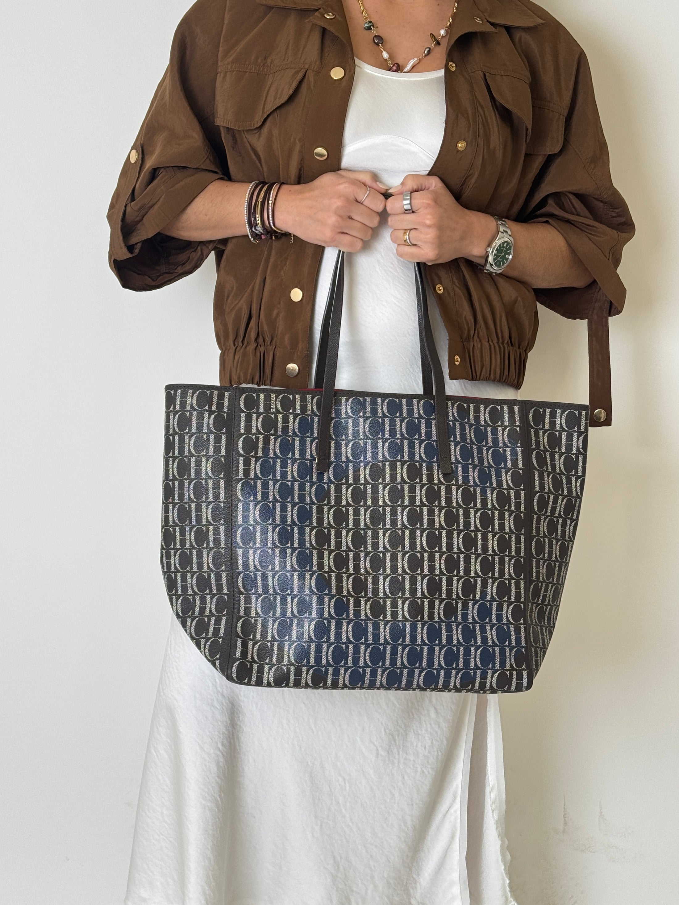 Brown and Silver Monogram Tote Bag