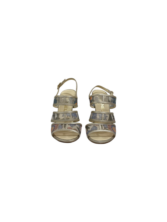 Floral Printed Mesh and Leather Open Toe Strappy Sandals | 36
