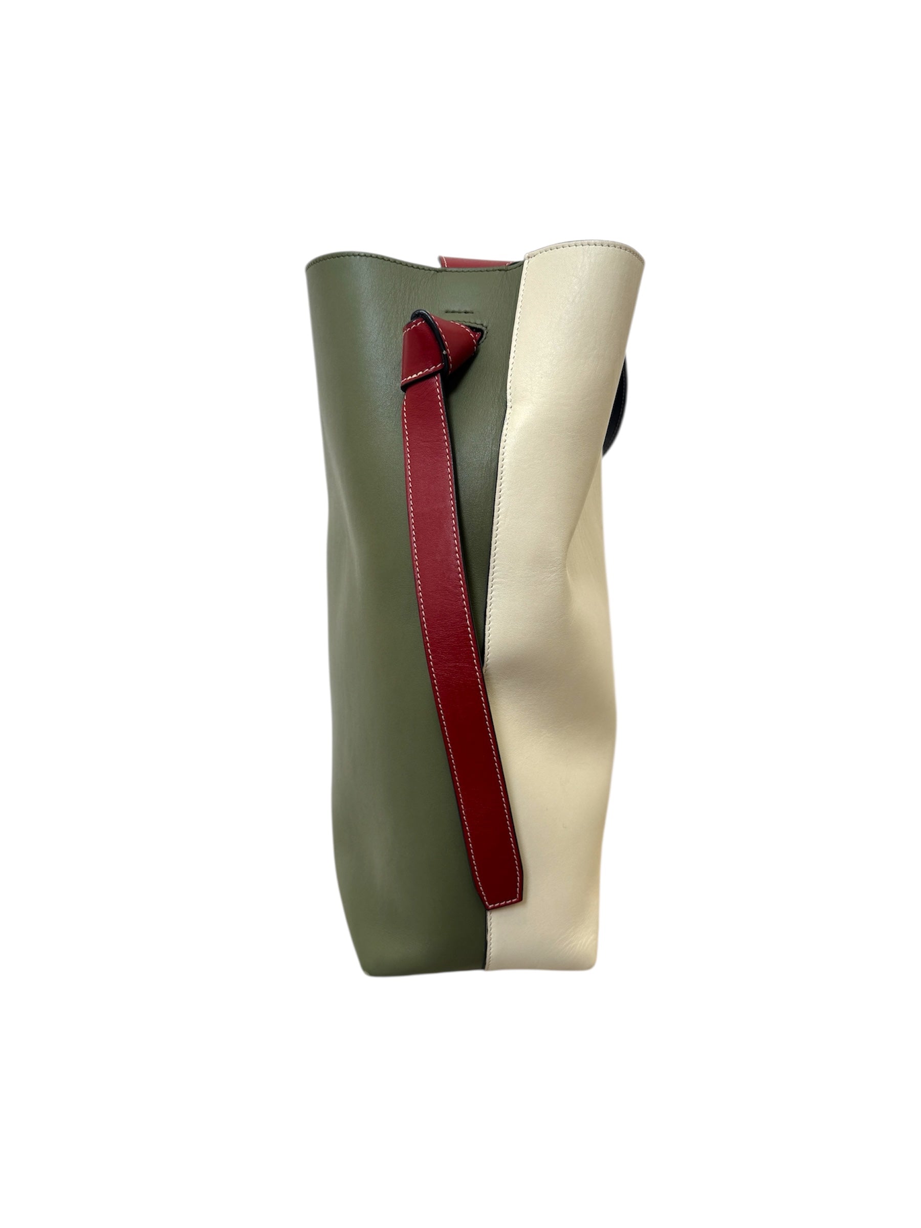 BEIGE & GREEN VINTAGE LEATHER TWISTED CABAS LARGE
