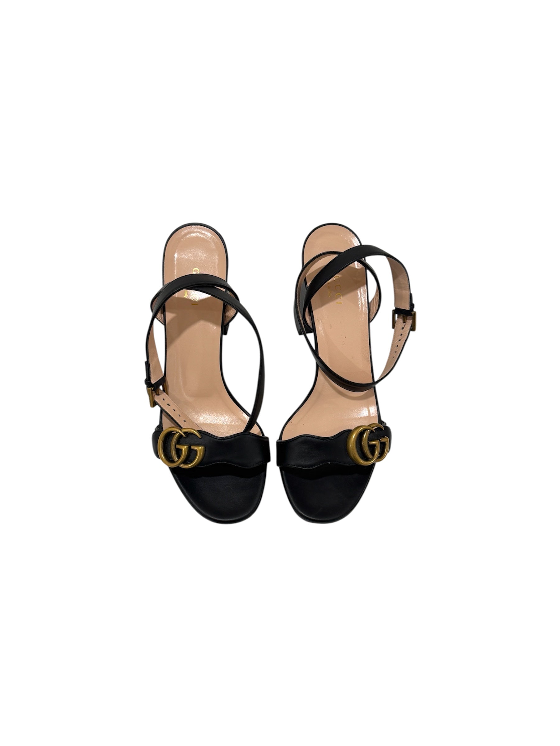 Black Leather GG Marmont Platform Ankle-Strap Block Heel Sandals | 38.5