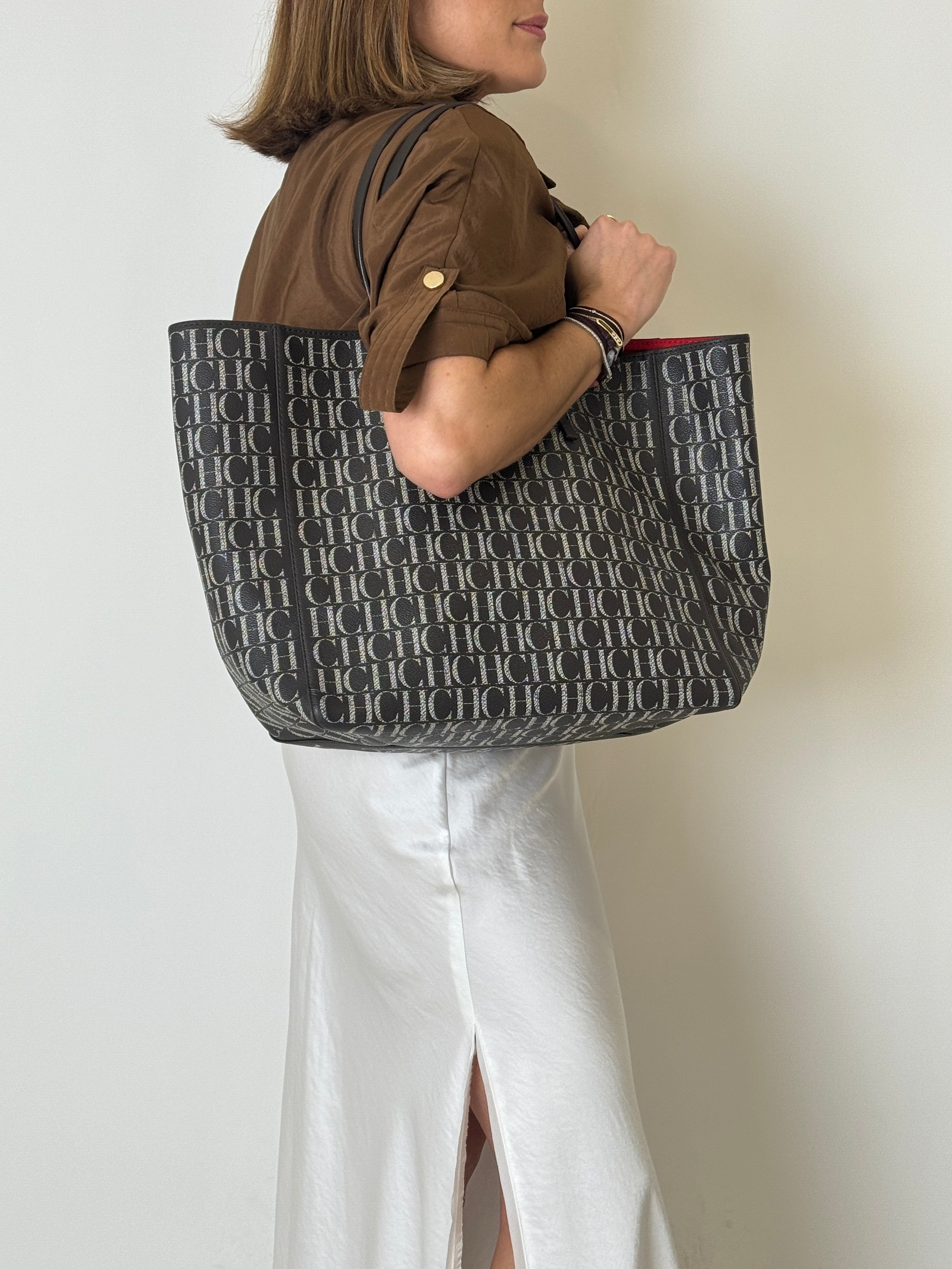 Brown and Silver Monogram Tote Bag