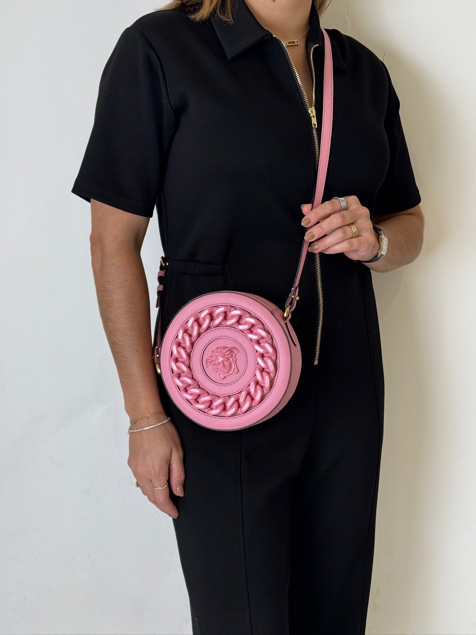Grained Calfskin Studded Mini La Medusa Round Crossbody