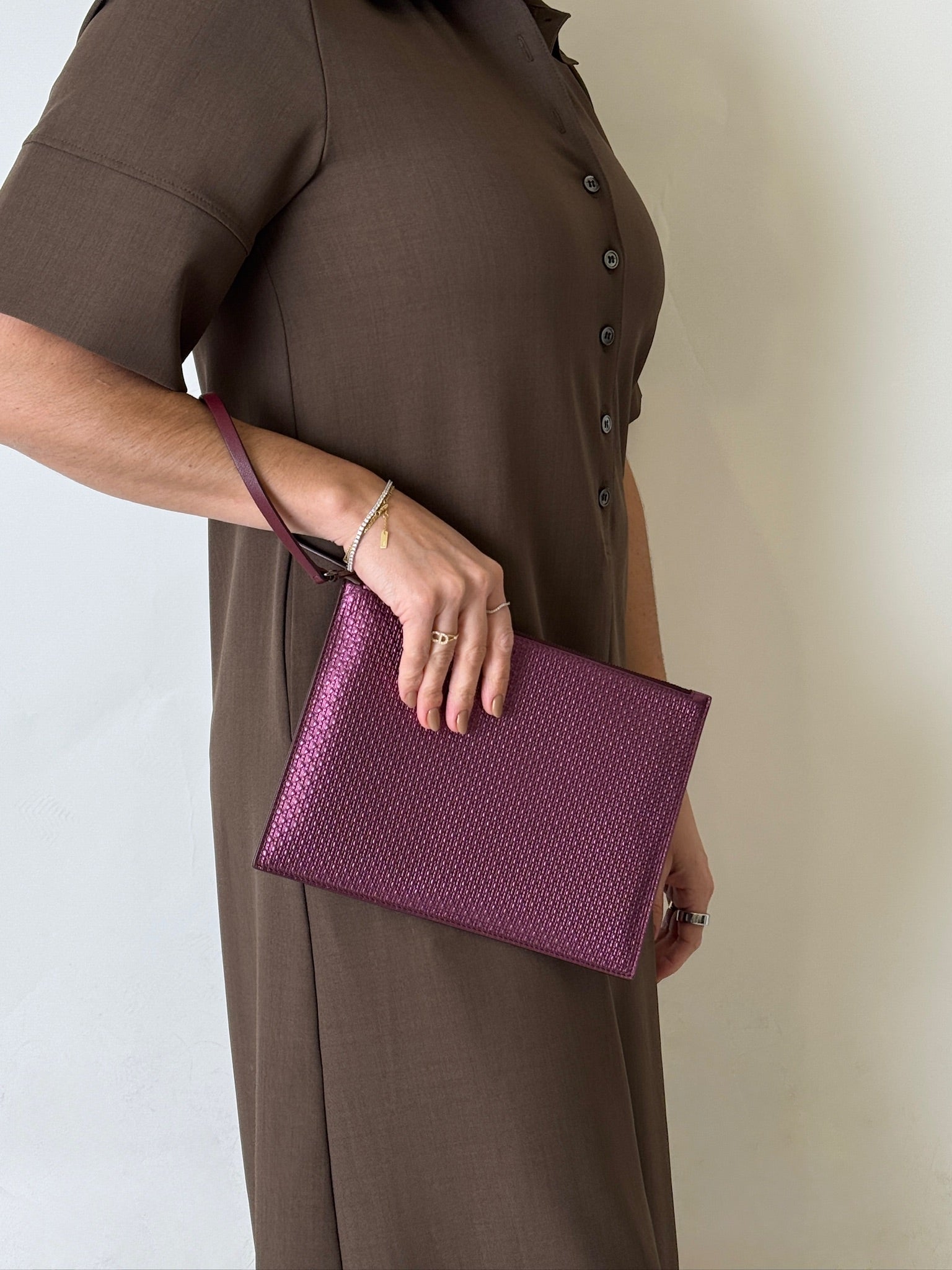 Metallic Logo Leather Clutch